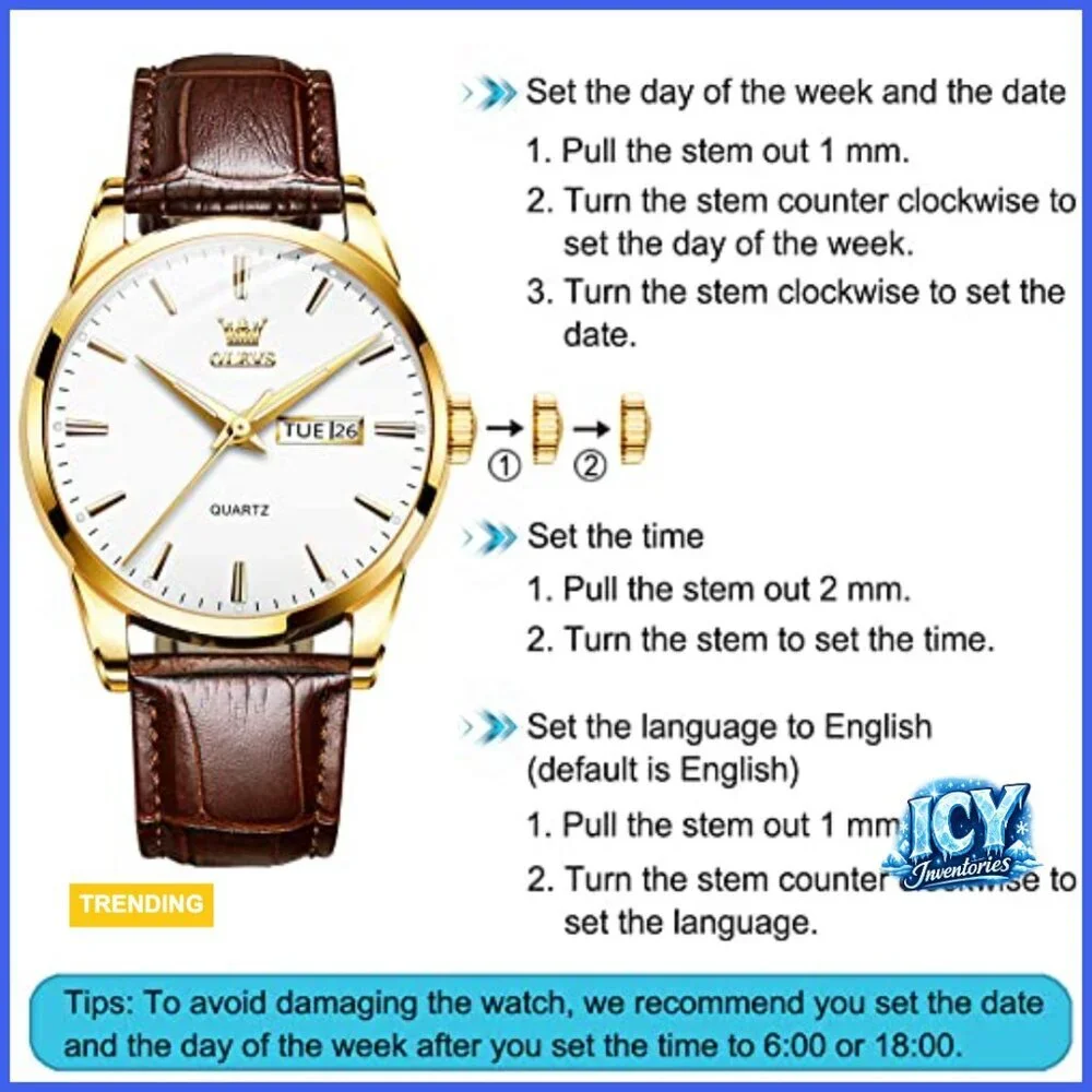 Stainless Steel Analog Quartz Watch with Day Date Luminous Hands